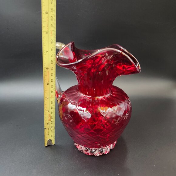 Vintage Art Glass Red Quilted Jug Ewer Applied Handle - Picture 14 of 16